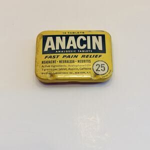 Anacin Vintage Advertising Tin Yellow/Green Analgesic Tablets Includes Insert